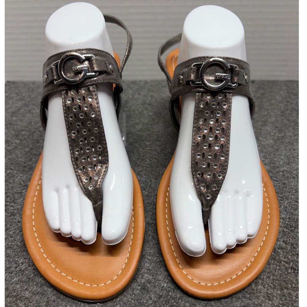 G by GUESS Women Metallic Pewter Rhinestone T-Strap Flat Sandals Size 11M
